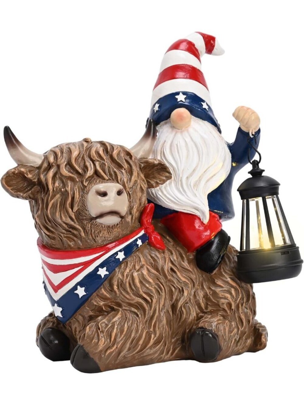 Patriotic Highland Cow Gnome with Solar Lantern - 4th of July Outdoor Decor, 10